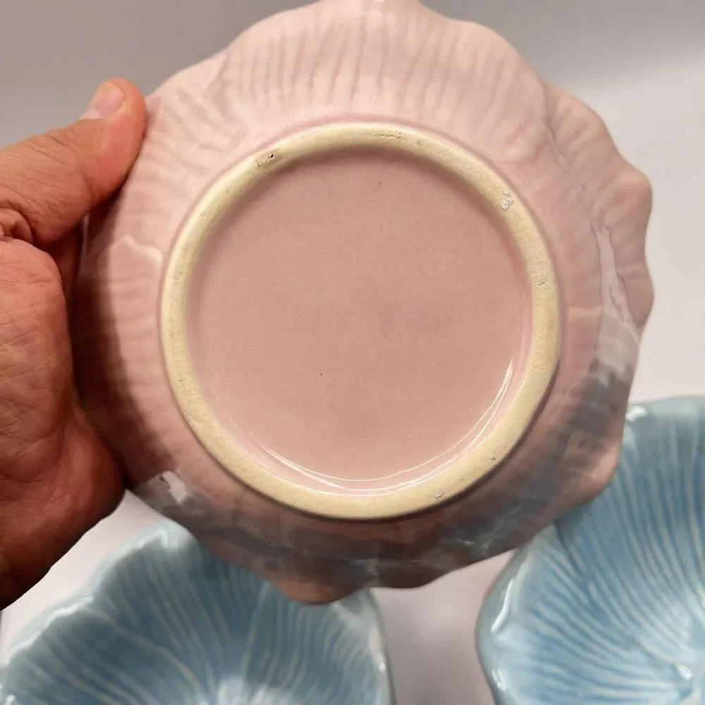 Blue And Pink Ceramic Flower Bowl 7.25” Serving Set Of 5